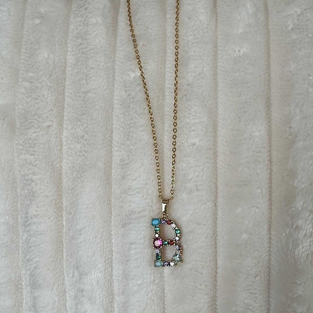 Gold Tone Initial “B” Necklace Colorful Stone Pendant Dainty Chain